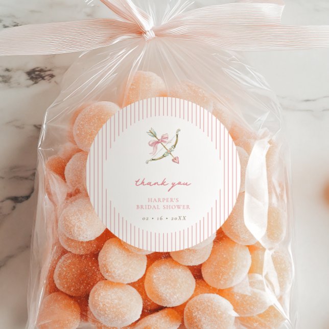 Cupid Arrow & Stripes Bridal Shower Thank You Classic Round Sticker (Creator Uploaded)