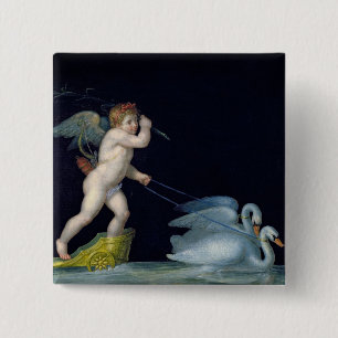 Cupid being led by a pair of swans (oil on panel) 15 cm square badge
