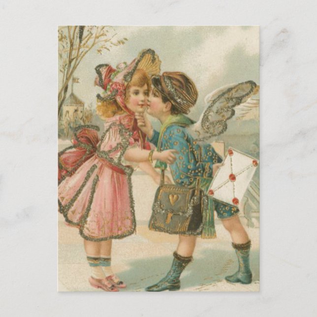 Cupid Boy and Girl in Pink Valentine Holiday Postcard (Front)