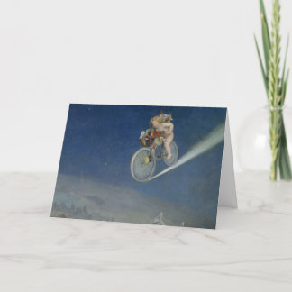 Cupid bringing Christmas Presents on his Bicycle. Holiday Card