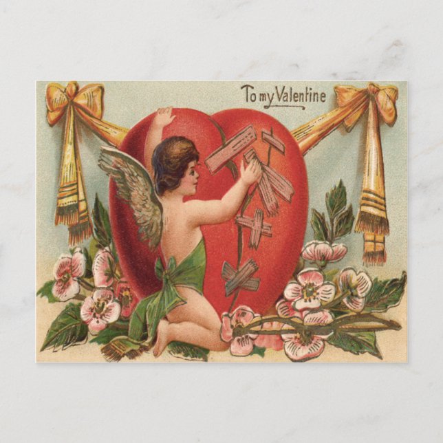Cupid Broken Heart Patching Flowers Postcard (Front)