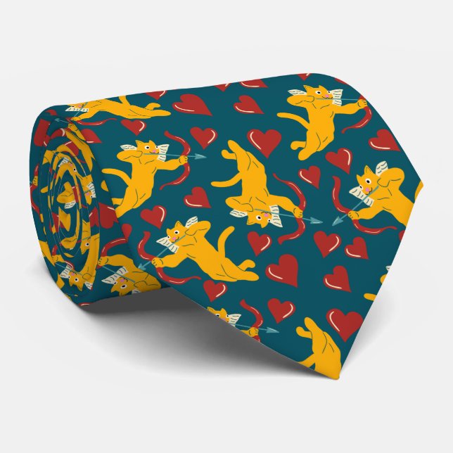 Cupid Cats Valentine's Day Orange, Red and Blue Tie (Rolled)