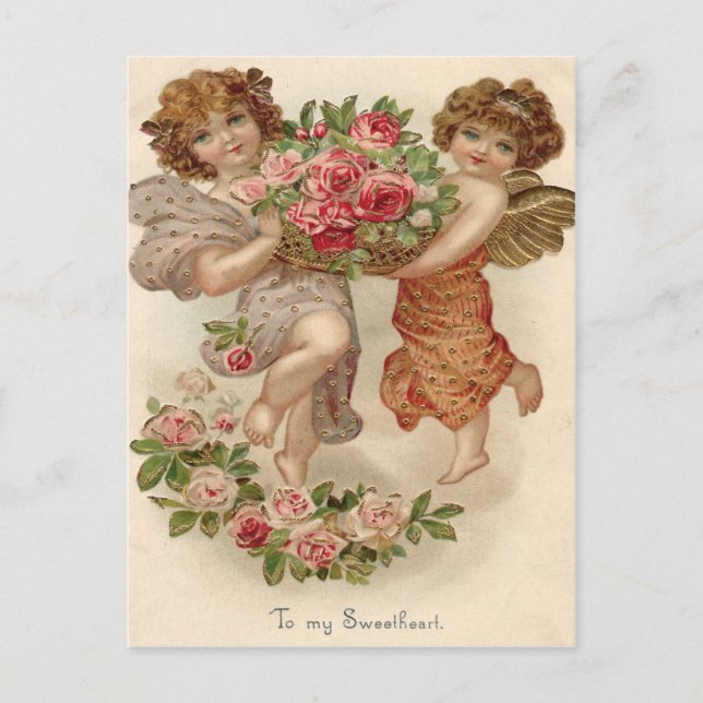 Cupid Cherub Angel Basket Roses Rose Postcard (Front)