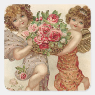 Cupid Cherub Angel Basket Roses Rose Square Sticker