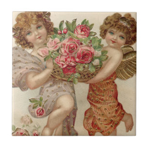 Cupid Cherub Angel Basket Roses Rose Tile