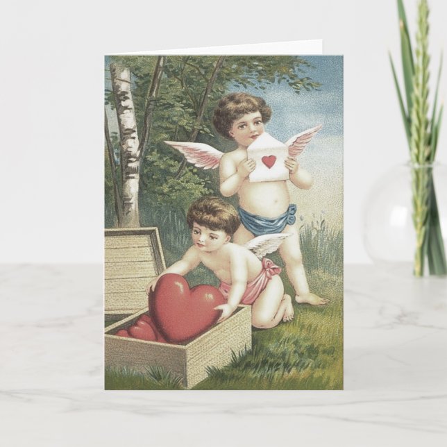 Cupid Cherub Angel Box Heart Valentine Holiday Card (Front)