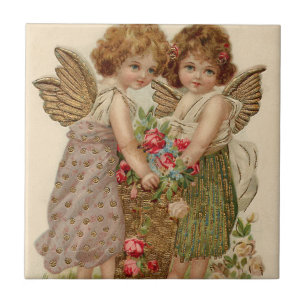 Cupid Cherub Angel Rose Forget-Me-Not Tile