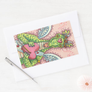 CUPID DRAGON, HEART AND ARROW FANTASY VALENTINE RECTANGULAR STICKER