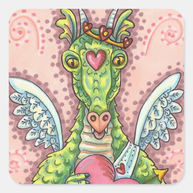 CUPID DRAGON, HEART AND ARROW FANTASY VALENTINE SQUARE STICKER (Front)