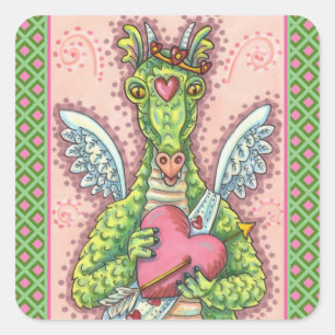 CUPID DRAGON, HEART AND ARROW FANTASY VALENTINE SQUARE STICKER