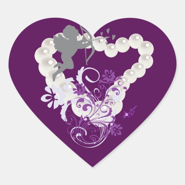Cupid Floral Pearls Heart Dark Purple Stickers (Front)
