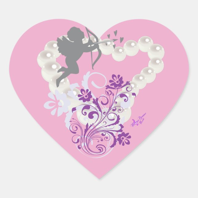 Cupid Floral Pearls Heart Pink 2 Stickers (Front)