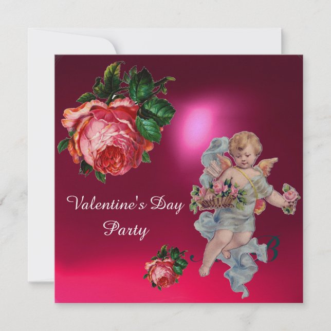 CUPID GATHERING PINK ROSES, VALENTINE MONOGRAM INVITATION (Front)