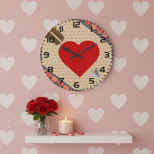 Cupid Heart with Arrow Romantic Valentines Pattern Large Clock (Creator Uploaded)