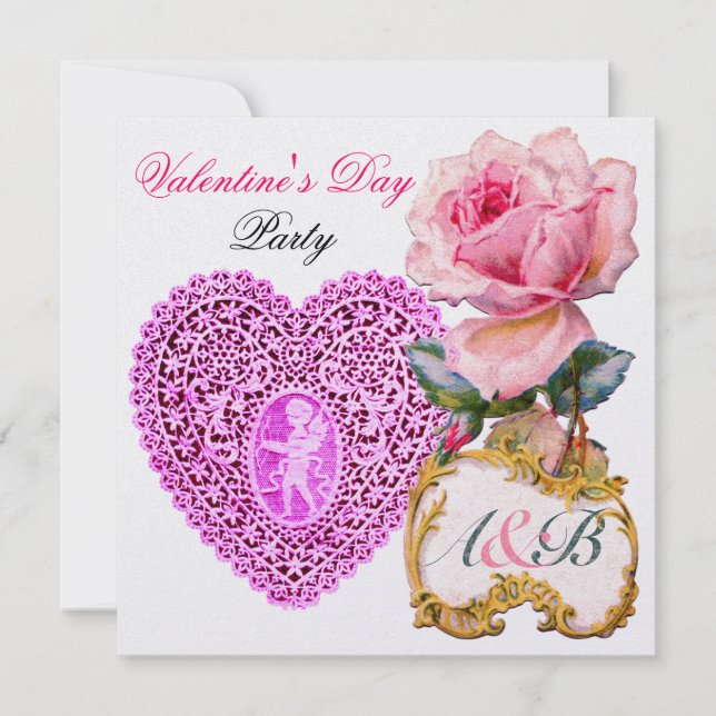CUPID LACE HEART AND PINK ROSE VALENTINE MONOGRAM INVITATION (Front)