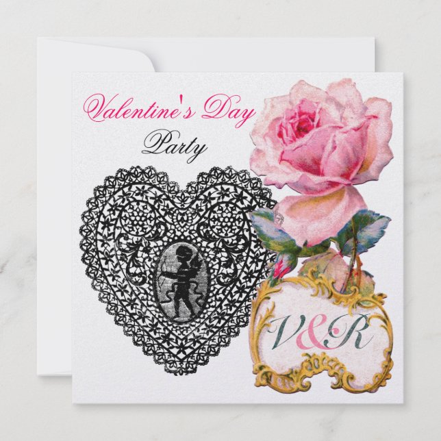 CUPID LACE HEART AND PINK ROSE VALENTINE MONOGRAM INVITATION (Front)