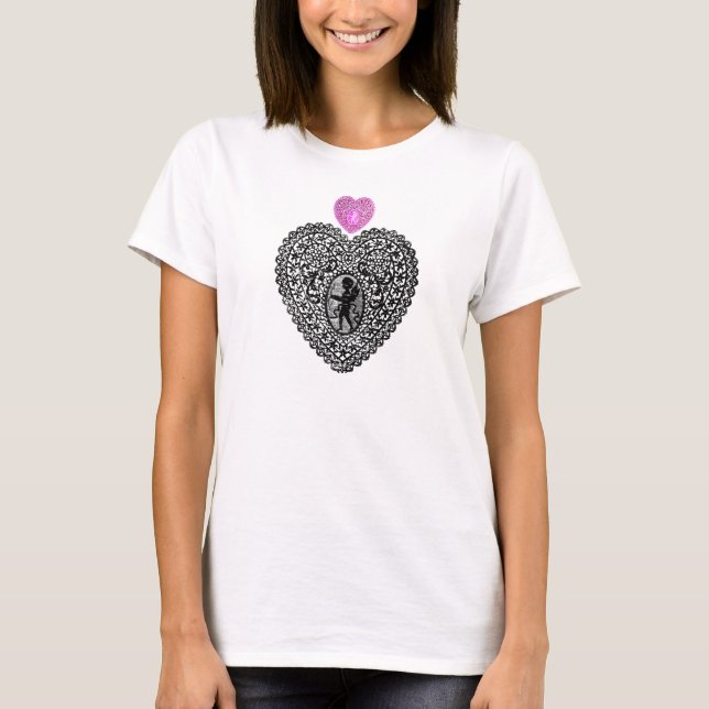 CUPID LACE HEART, Black and White Pink T-Shirt (Front)
