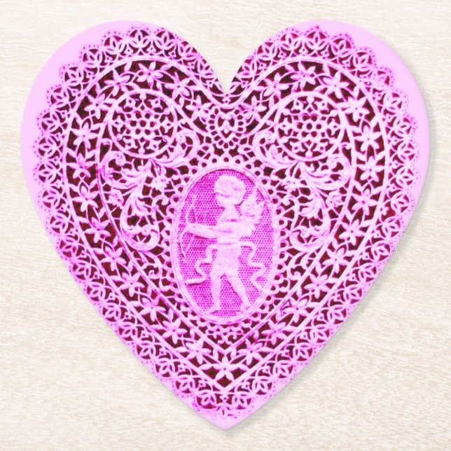 CUPID LACE HEART IN PINK FLORAL Valentines Day Paper Coaster (Front)