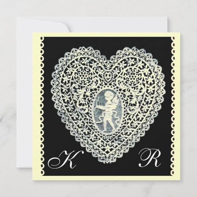 CUPID LACE HEART MONOGRAM champagne metallic paper Announcement (Front)
