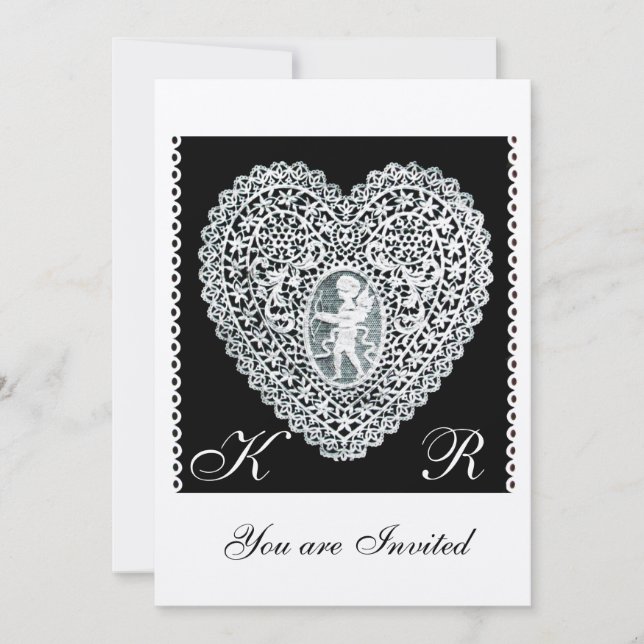 CUPID LACE HEART MONOGRAM felt paper Invitation (Front)