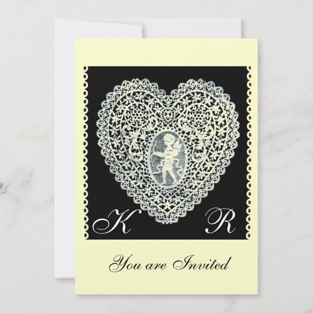 CUPID LACE HEART MONOGRAM gold metallic paper Invitation (Front)