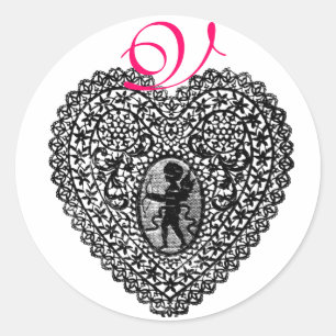CUPID LACE HEART MONOGRAM ,pink Classic Round Sticker