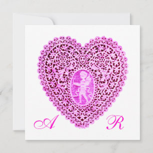 CUPID LACE HEART MONOGRAM, pink fuchsia Announcement