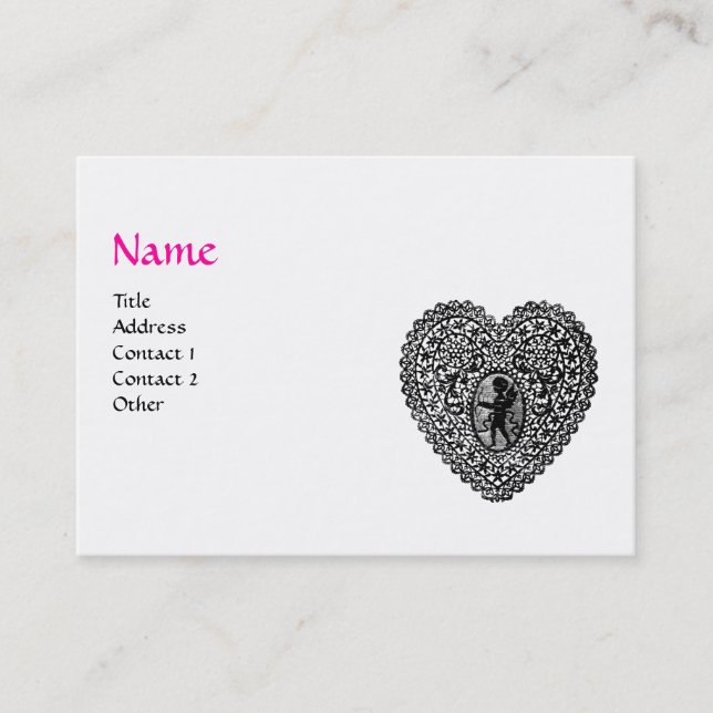 CUPID LACE HEART MONOGRAM ,pink, fuchsia Business Card (Front)
