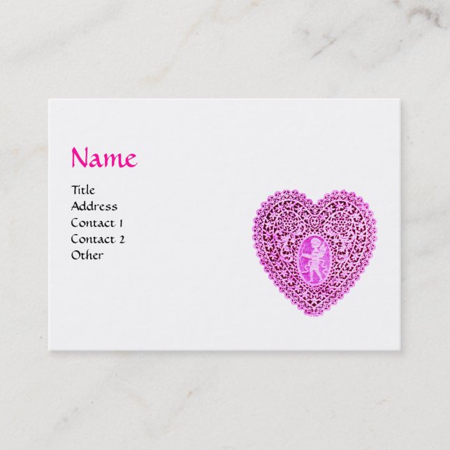 CUPID LACE HEART MONOGRAM ,pink, fuchsia Business Card (Front)