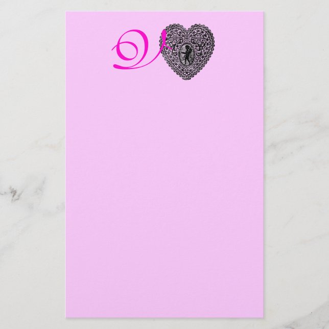 CUPID LACE HEART MONOGRAM Pink Valentine's Day Stationery (Front)
