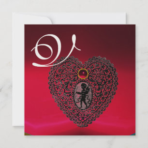 CUPID LACE HEART MONOGRAM, red burgundy black Announcement