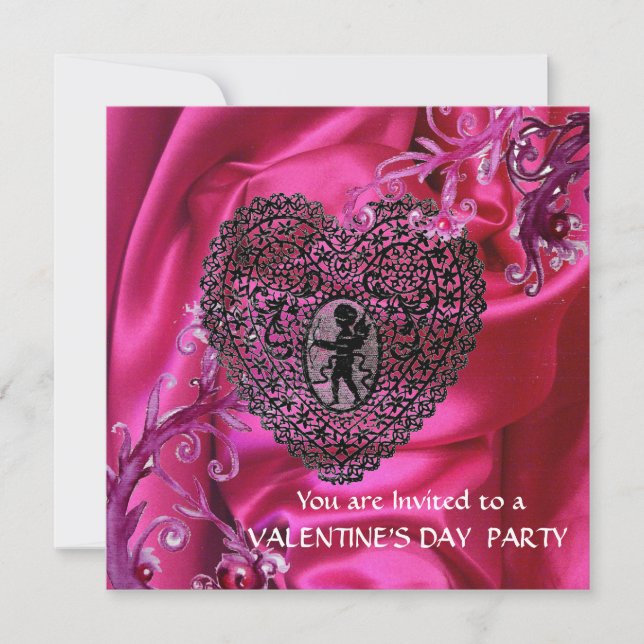 CUPID LACE HEART ON PINK FUCHSIA SILK CLOTH INVITATION (Front)