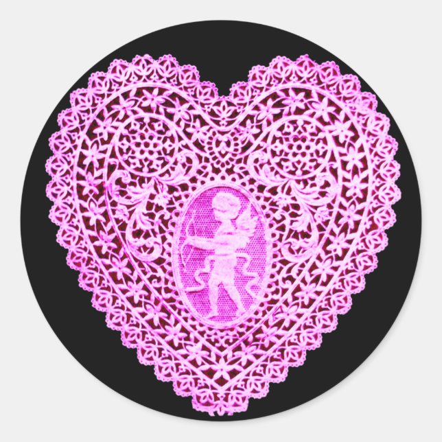 CUPID LACE HEART,pink Classic Round Sticker (Front)