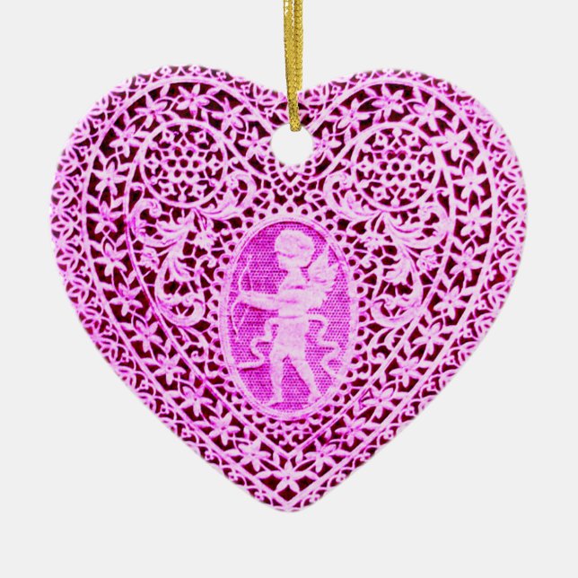 CUPID LACE HEART,pink purple Ceramic Tree Decoration (Front)