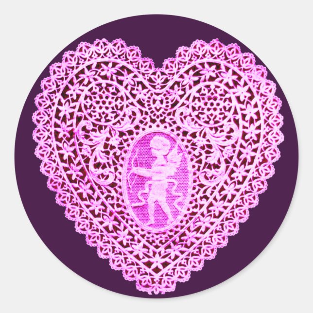 CUPID LACE HEART,pink purple Classic Round Sticker (Front)