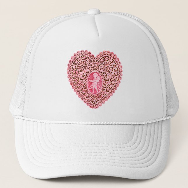 CUPID LACE HEART , Pink Red Trucker Hat (Front)