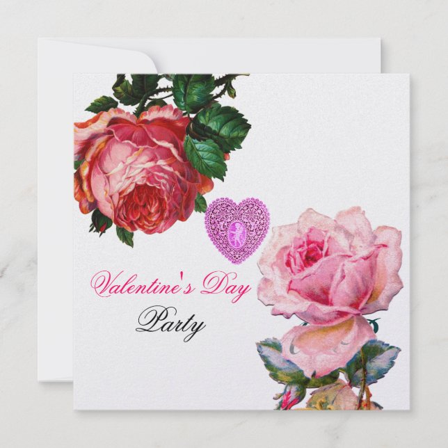 CUPID LACE HEART,PINK ROSES VALENTINE MONOGRAM INVITATION (Front)