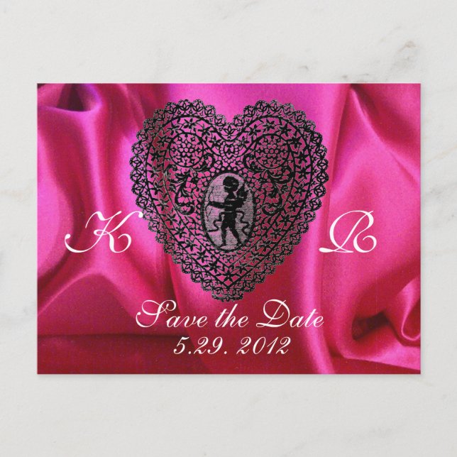 CUPID LACE HEART SILK FUCHSIA CLOTH , Pink Black Announcement Postcard (Front)