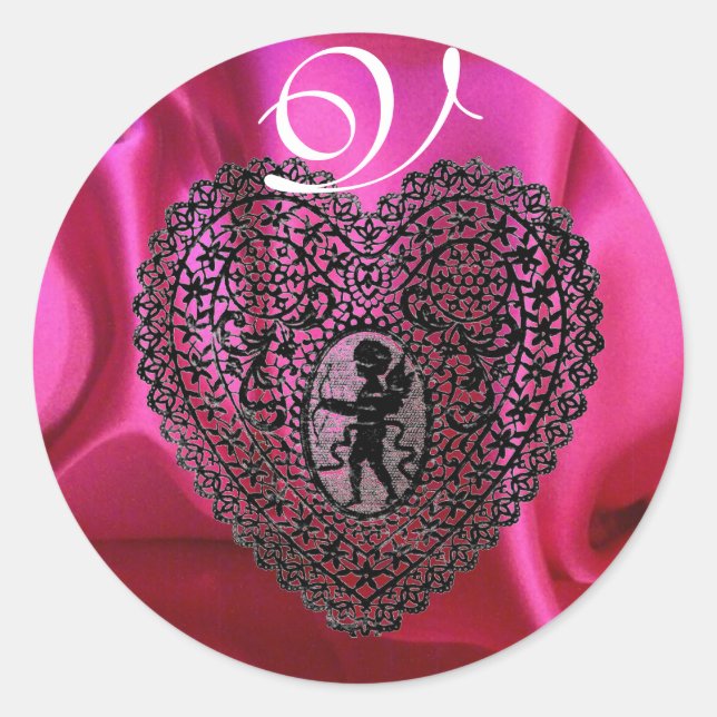 CUPID LACE HEART SILK FUCHSIA CLOTH , Pink Black Classic Round Sticker (Front)