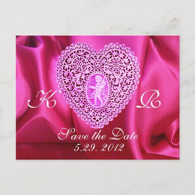 CUPID LACE HEART SILK FUCHSIA CLOTH , Pink Violet Announcement Postcard (Front)