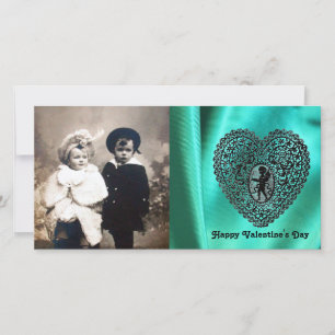 CUPID LACE HEART SILK GREEN BLUE CLOTH, Black Holiday Card