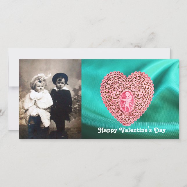 CUPID LACE HEART SILK GREEN BLUE CLOTH, Pink Red Holiday Card (Front)