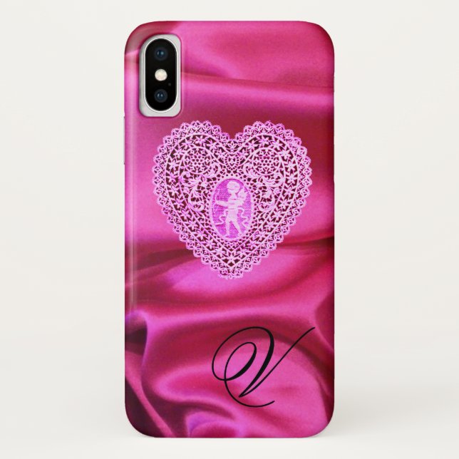 CUPID LACE HEART SILK PINK FUCHSIA CLOTH MONOGRAM Case-Mate iPhone CASE (Back)