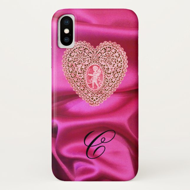 CUPID LACE HEART SILK PINK FUCHSIA CLOTH MONOGRAM Case-Mate iPhone CASE (Back)