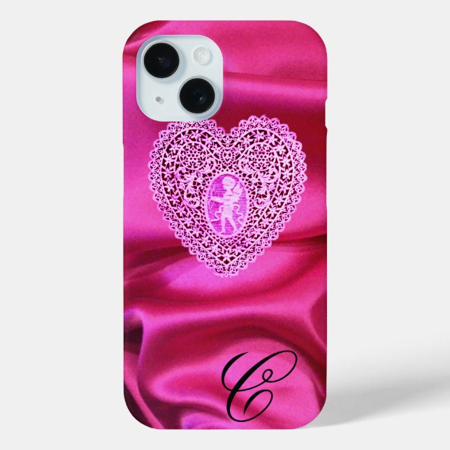 CUPID LACE HEART SILK PINK FUCHSIA CLOTH MONOGRAM Case-Mate iPhone CASE (Back)