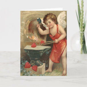 Cupid Making Hearts Vintage Valentine Holiday Card