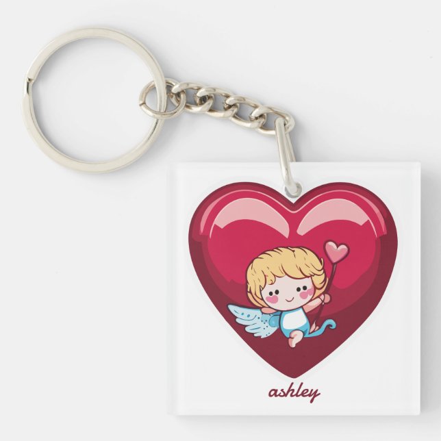 Cupid on Red Heart with Pink Arrow Head Key Ring (Front)