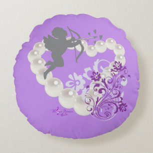 Cupid Pearls Floral Heart Purple 2 Round Pillow
