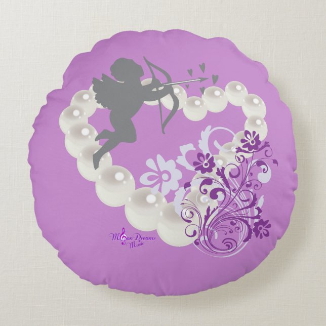 Cupid Pearls Floral Heart Purple Round Pillow (Front)