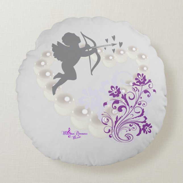 Cupid Pearls Floral Heart Silver Grey Round Pillow (Front)